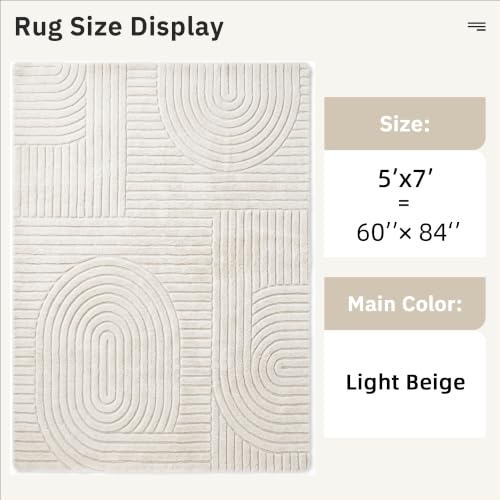 Image of 5x7 Solid Beige Area Rugs for Living Room, Geometric Washable Rug