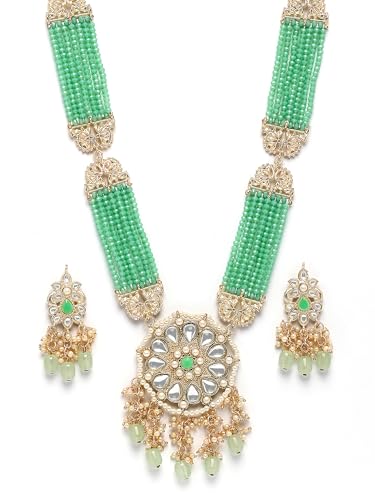 Image of Karatcart Gold Plated Green Crystal and Pearl Studded Kundan Rani-Haar Necklace Set for Women