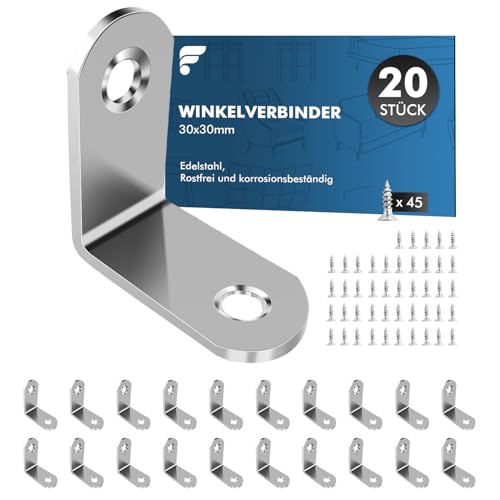 shinfly Winkelverbinder, 20 Stück 30 x 30 mm, Winkel Metall 90 Grad mit 45 Stück Schrauben, Edelstahl MetallWinkel L Klammern , für Möbel, Stuhl, Tisch, Fenster, Winkel Bracket