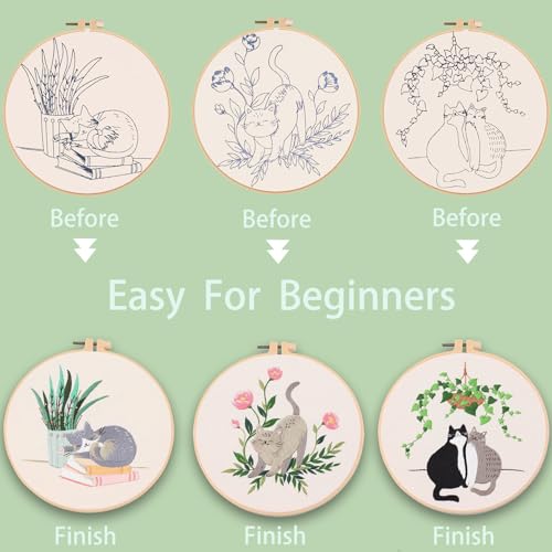 Image of Ohcol 3 Sets Cat Embroidery Kit,Needlepoint Kits for Adults Beginner,Needle Point Sets with Washable Pre-Printed Pattern,1 Hoop,Women Hand Crafts