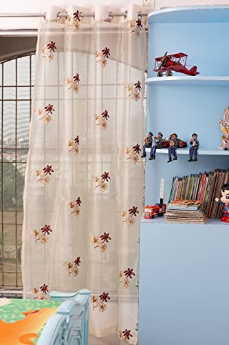 Image of (5 Ft Tissue Curtain with Embroidery 3 Flower Design|Grommet Curtains Window Curtain| Window Single Curtain Golden&Red for Home 152L X 121W Centimeters