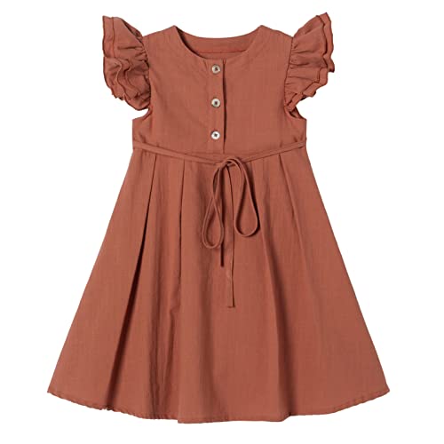 Ugitopi Kleines Mädchen Flatterärmel Baumwoll-Leinen Kleid Kleinkind Kinder Doppelte Rüschen Freizeitkleider Caramel 140 Cover