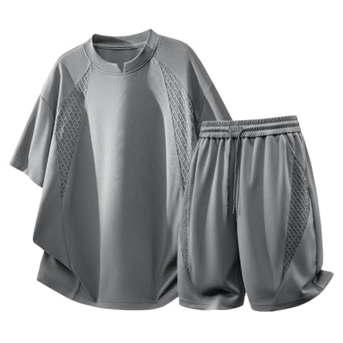 [merhee] 夏服 メンズ 上下セットアップ 半袖 T シャツ ショーツ ショートパンツ ハーフパンツ 冷感 大きいサイズ ゆったり シンプル オシャレ ジャカード調 ルーズフィット スポーツ 通気性 吸汗速乾 カジュアル 夏用 dark grey-Lの商品画像（Amazon）