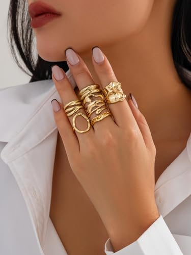BUYITO Gold Chunky Rings for Women Trendy Silver Adjustable Knuckle Irregular Ring Set Minimalist Statement Open Stacking Jewelry Accessories (6PCS Good) — view 3