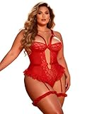 comeondear Dentelle Lingerie Sexy Femme Grande Taille Body Cruvy Sexy avec 2 Poignets de Cuisse Dessous Ensemble Lingerie Dos Nu Teddy Bretelles Réglables Top Élégants Tenue Hot Rouge,XL-XXL