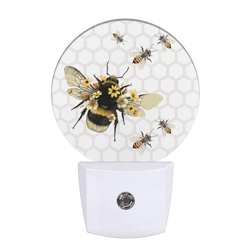 Image of EKOBLA Bee Night Light, Honeycomb and Yellow Bee Summer Night Lights Plug Into Wall with Auto Sensor for Kids and Adults Home Decor
