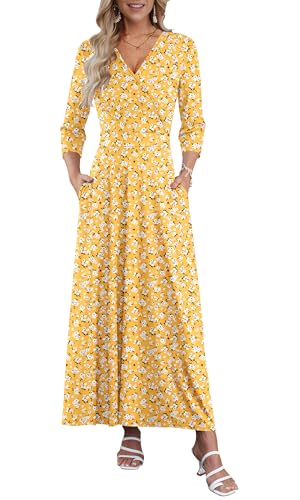AUSELILY Maxi Dresses for Women 3/4 Sleeve V Neck Wrap Casual Loose Floral Long Dresses with Pockets All-Season