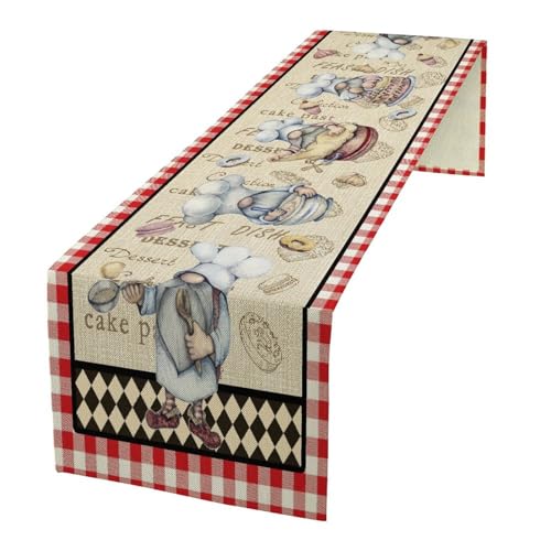 Chef Table Runner, Rustic Vintage Plaid Old Cake Dessert Cartoon Chef Gnome Table Decor Table Top Dining Kitchen Wedding Party 13x120 in
