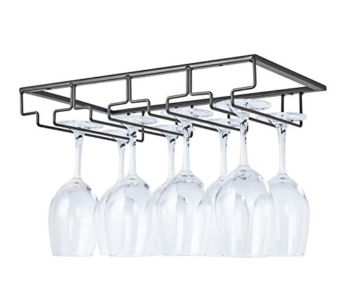 DEFWAY Wine Glass Rack - Under Cabinet Stemware Wine Glass Holder Glasses Storage Hanger Metal Organizer for Bar Kitchen 4 Rows Black