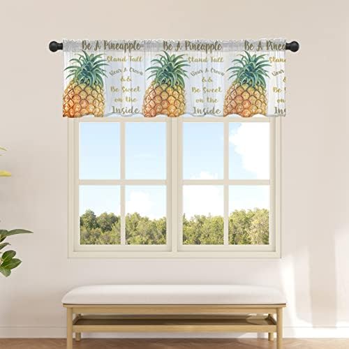 Greday Curtain Valances for Windows, Rod Pocket Kitchen Sheer Valance Bedroom Living Room Toppers Small Short Curtain, Sweet Fruits Pineapple White Backdrop 54"x18" Window Treatments