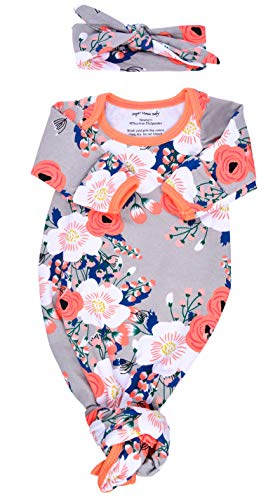Infant Baby Tie Nightgown And Matching Hat | Sleep Gown With A Tie Bottom | Boy Girl Unisex | Soft Stretchy Cotton Sleeper (Grey Coral Floral, 0-3 Month)