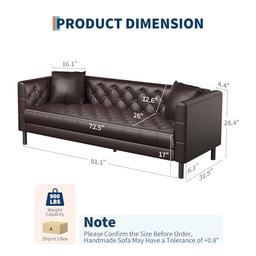 GAOMON 81" Leather Couch, Handmade Button Tufted 3 Seater Sofa, Chesterfield Sofa with Deep Seat and 2 Pillows, Leather Sofa for Living Room Apartment, Office, Dark Brown - Image 3