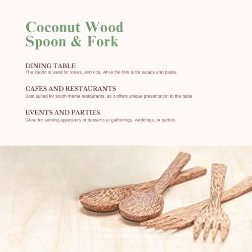Image of Thenga Coconut Wood Spoon & Fork Set | 100% Natural & Handmade Wooden Cutlery | Eco-Friendly, Durable & Sustainable Dining Utensils for Meals, Salads, Soups & Desserts | Pack of 4 (2 Spoons + 2 Forks)