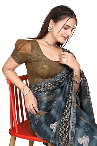 Image of SFT Women's Organza Patch Readymade Saree Blouse with Round Neck Half Sleeves Abstract Pattern Pull On Closure Regular Fit and Standard Length