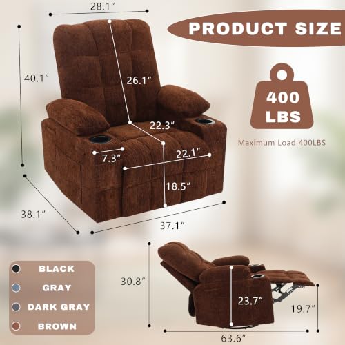 Image of Swivel Rocker Recliner Chair,Recliner Single Sofa with Cup Holders, Manual Nursery Rocking Chair with Side Pockets, Modern Upholstered Recliner for Living Room,Apartment,Home Theater(Brown)