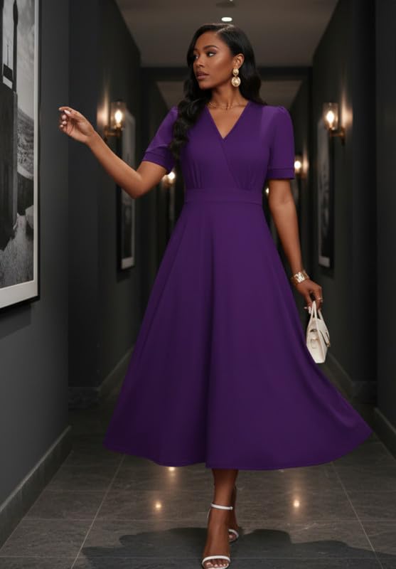 Image of MarryUP Women's Midi Dresses - V Neck Cocktail & Church Tea Dresses - Short Sleeve A-Line Swing Dress