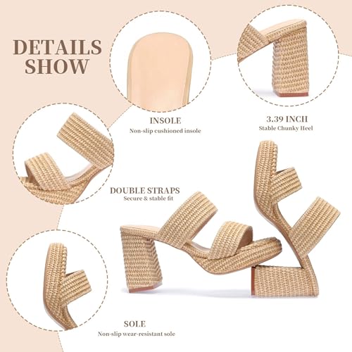 Monrovia Raffia Sandals Women Heeled Sandals Slip On Open Toe Chunky Platform Heel Woven Double Strap Vacation Summer Shoes,Apricot,7 by Monrovia - Used condition - Image 6