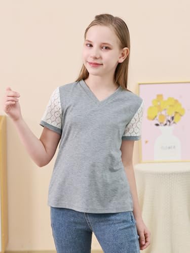 Image of GORLYA Girls Lace Sheer Sleeve Contrast T-Shirt Short Sleeve V Neck Casual Modest Tee Tops for 6-16Y
