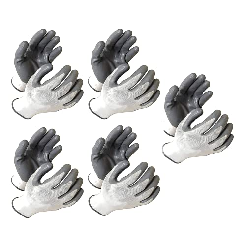 Image of Multipurpose Nylon Anti Cut PU Nitrile Coating Work Safety Gloves, Hand & Fingers, Gardening, Mechanical, Construction, Agriculture & Automotive - Durable & Comfortable (5 Pairs, WhiteGrey)