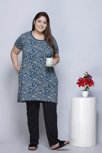 Image of RYSH Women's All-Over Printed Cotton Plus Size Longline T-Shirt Half Sleeve with Pockets Turquoise L