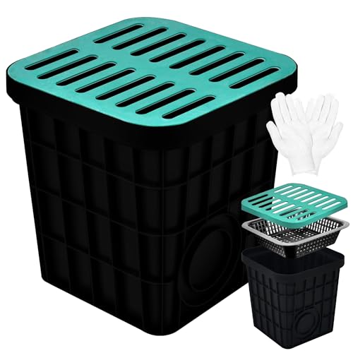 18x18x15 in Large Catch Basin for Drainage with Debris Basket,Catch Basin with Fiber Glass Grate,French Drain Catch Basin Without pre drilled Holes are Suitable for courtyards, downspouts, lawns