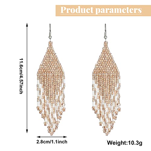 Papasgix Long Beaded Drop Dangle Earrings Boho Native Handmade Seed Bead Tassel Earrings For Women And Girls, Bohemian Large Statement Beaded Drop Tassel Earrings For Gifts (Champagne Gold) #TOP4