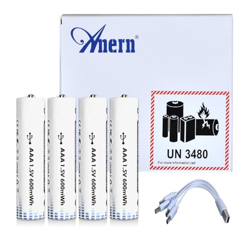 Anern 4PCS Pile Rechargeable AAA Au Lithium 1,5V 600 mWh Plus de 1500 Cycles Batteries à Charge Rapide avec Câble de Charge Type C