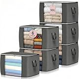 Budding Joy 6 Pack 90L Storage Bags, Large Clothes Storage Bags with Zips Durable Handles Thick Fabric for Clothes, Bedding, Blankets, Comforters and Toys (Grey)