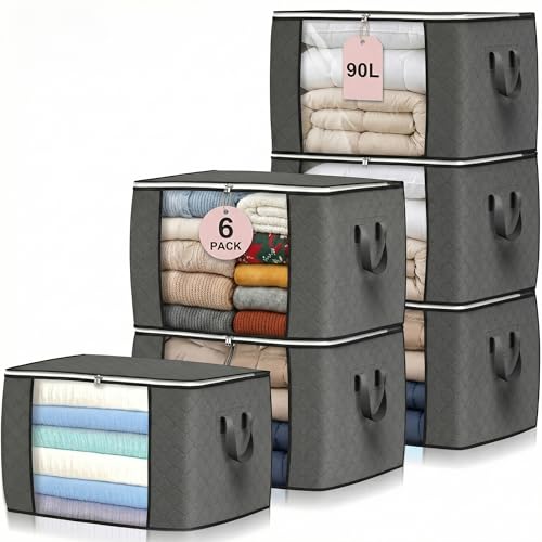 Budding Joy 6 Pack 90L Storage Bags, Large Clothes Storage Bags with Zips Durable Handles Thick Fabric for Clothes, Bedding, Blankets, Comforters and Toys (Grey)