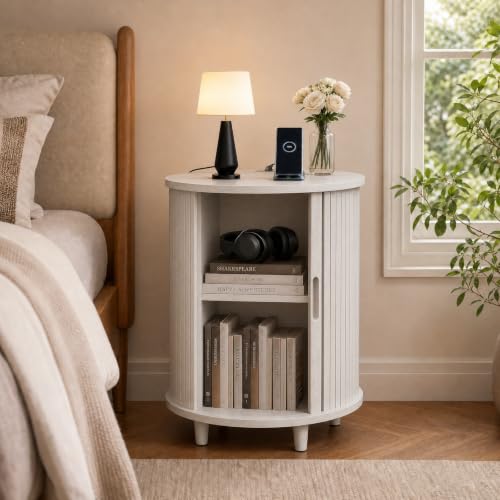 Image of DHH Round End Table with Storage & Charging Station, Fluted Accent Side Table with Sliding Door & Adjustable Shelf, Mid-Century Nightstand for Small Spaces, Living Room, Bedroom(Grayish White)