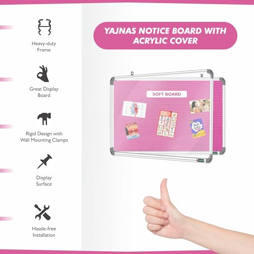 Image of YAJNAS 4X5 Feet Premium Material Pink Designed Notice Board with Acrylic Door /Soft Board /Bulletin Board /Pin-up Display Board for Study Room, Office, School & HOM