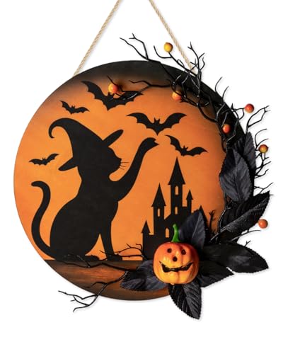 Halloween Wreaths for Front Door, Halloween Wooden Wreath, 12' Welcome...