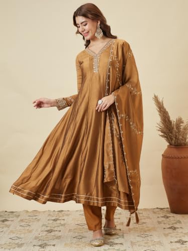 Image of MOKOSH Women's Silk Embroidery Anarkali Kurta Pant with Dupatta | Anarkali Kurta Set |Ethnic Kurta Set for Women |Floral Kurta 7 Colour Options Available |3 Piece Outfit