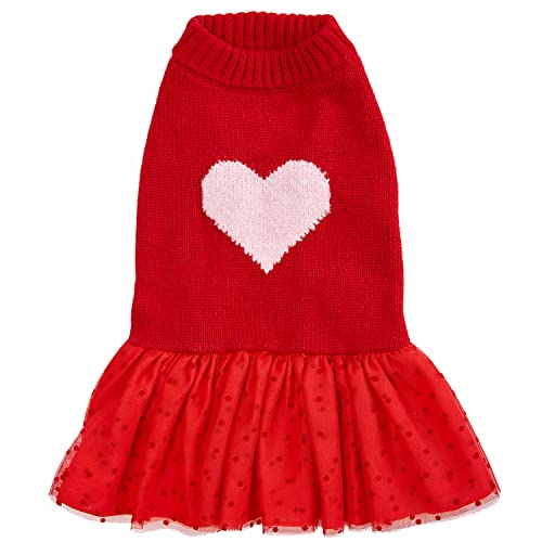 Blueberry Pet Heart Dog Sweater Dress My Cutie Princess Valentine’s Day Clothes for Small Girl Dogs, Red Pullover Crewneck Holiday Apparel, Back Length 12”