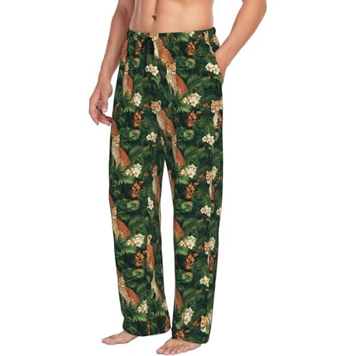 Mens Pajama Pants - Jungle Leopard Print Soft Sleep Lounge Pants For Men, Casual Pj Bottoms With Pockets