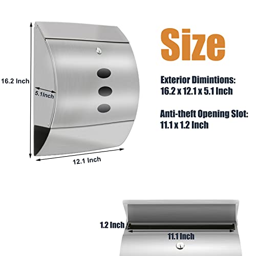 Pyoimmne Stainless Steel Mailbox, Large Capacity Wall-Mount Mailbox, Locking Mailbox With Key Lock, Modern Mailboxes For Outside With Newspaper Holder - Rust Proof, Waterproof, 16.2" X 12.1"X 5.1" #TOP2