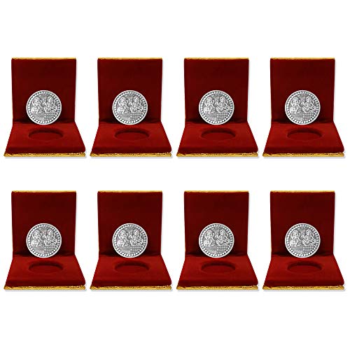 Image of QPID German Silver Coins 10 Grams Silver Plated for Diwali Gift Items for men, women, staff, customer, clients, corporate with Velvet Gift Box (Pack of 8) Dhanteras