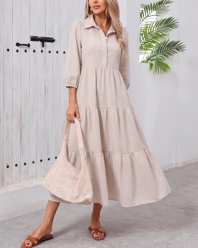 Image of Women Button Down Maxi Shirt Dress Long Sleeve Flowy Tiered Collared Dresses with Pockets