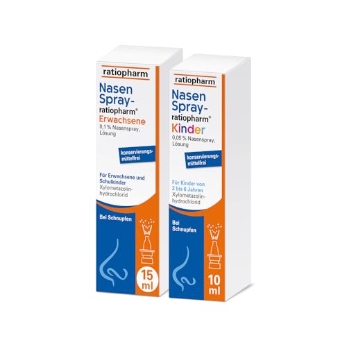 NasenSpray-ratiopharm® Kinder und Erwachsene im Familienset: schnell wieder befreit durchatmen. Wirkt abschwellend – bei Erwachsenen und Kindern, 1x15 ml, 1x10 ml