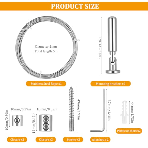 5m Wandhalterung Set,Spannseil Edelstahl Vorhangdraht,Spanndraht,Seilspanngarnitur Gardinenseilsystem Spannsystem für Wäscheleine Duschvorhänge Balkon Gardinen Wäscheleine Draußen Vorhangseil Outdoor