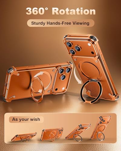 Image of Aluminum Frame Metal Bumper Compatible with iPhone 17 Pro Max | Simple Shield Air Cushion Shockproof | Edge Protection, Minimalist Slim - Black (Frame-Leather -Orange, iPhone 17 Pro Max)