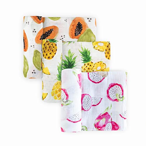 Image of Little Unicorn – Tropical Fruit Cotton Muslin Swaddle Blanket Set | Set of 3 | 100% Cotton | Super Soft | Newborns and Infants | Large 47” x 47” | Machine Washable