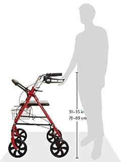 Drive Medical Rollator Walker with Seat - Stable Mobility Support - Height Adjustable - Durable Steel Frame Construction - Smooth 7.5" Wheels - Foldable Frame - 350 Lb Limit - Red