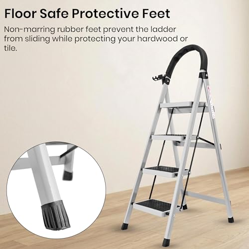 Image of Casa Copenhagen White 4 Step Ladder for Home Use with Built-in Tool Tray | Heavy Duty D Shape Rods | Ultra Large Platform | Wide Rubber Feet | 150Kg Capacity Foldable Ladder - 7 Years Warranty