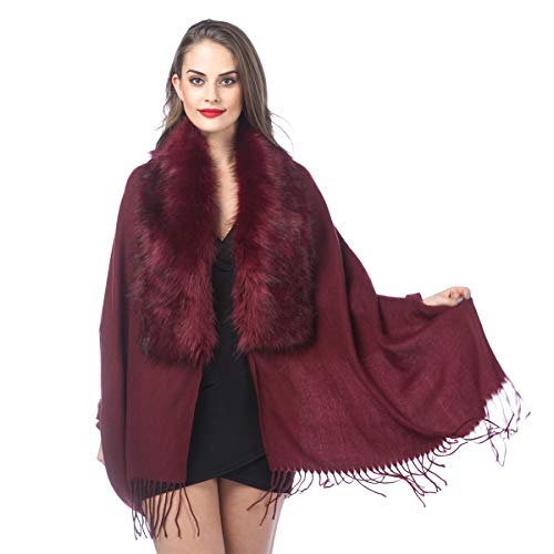 Lucky Leaf Cold Weather Luxurious Faux Fur Collar Joint Large Wrap Scarf For Ladies (Wrap1-Burgundy) #TOP1