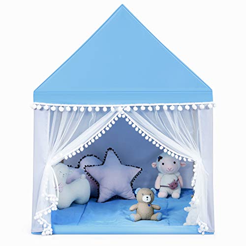 GLACER Kids Play Tent, Children Indoor Playhouse w/Mat, Curtain & Windows, Children Tent for Boys & Girls 3+ Years Old (Blue)