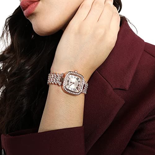 Image of Haute Sauce Women's Embellished Analog Dial with Stainless Steel Strap | Battery Power | Foldover Closure | Quartz Movement | Fashion Wrist Belt Watch for Female and Girls