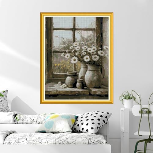 Image of MYBISYMQQ Windowsill Daisies Cross Stitch Kits for Adults Beginners - 11CT Stamped Vintage Floral Vase Embroidery Kit, DIY Pre-Printed Needlepoint Patterns for Home Wall Art Decor, 15.7x11.8 Inches