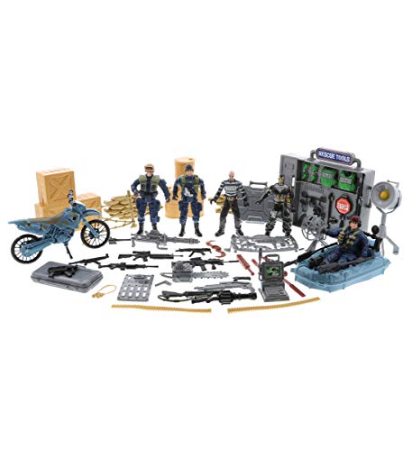 Mozlly Police Special Forces Action Figures & Vehicle Playset, Includes Poseable Military Toy Soldiers Motorcycle Boat Weapons Tools & More for Boys Kids - Battlefield Base Army Navy Seals Theme Sets