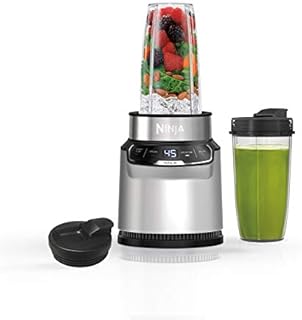 Ninja BN401 Nutri Pro Compact Personal Blender, Auto-iQ Technology, 1100-Peak-Watts, for Frozen Drinks, Smoothies, Sauces & More, with (2) 24-oz. To-Go Cups & Spout Lids, Cloud Silver